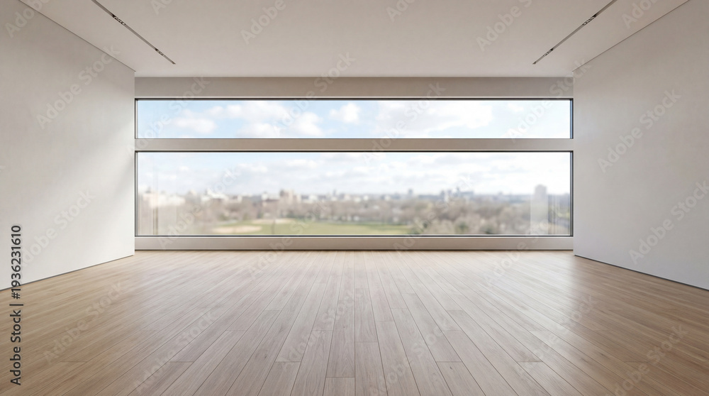 Obraz premium Empty room with large window, natural light, and wooden floor for background.3d render 