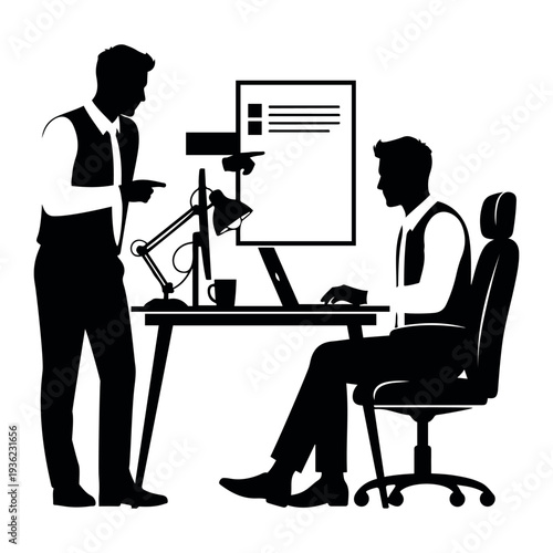Print Boss scolding employee at a desk in silhouette business