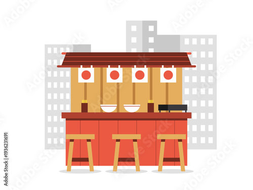 A Japanese ramen shop with a wooden food cart with red accents and benches for customers. Asian street food illustrations. Flat vector concept.