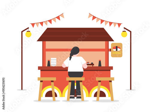 A traditional Japanese mobile street food stall. Asian street food illustrations. Flat vector concept.