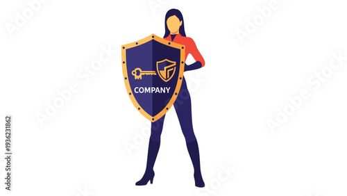 Female Business Security: Woman Hero with Shield and Key Icon Protecting Company Assets and Data