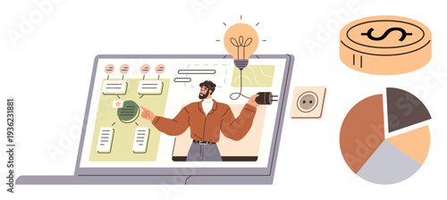 Online education, business planning, financial growth, creativity, analytics, team collaboration. Laptop screen displays a virtual presenter with charts, ideas and financial elements. Online