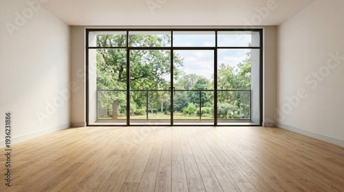  Empty room with large window, natural light, and wooden floor for background.3d render 