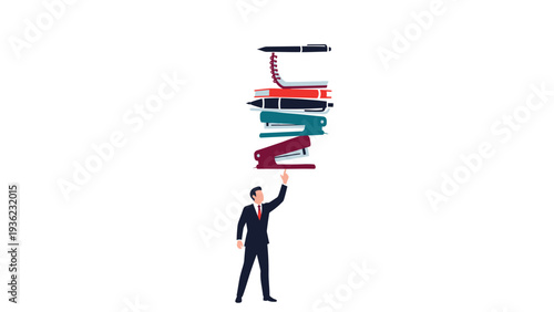 Businessman balancing a huge stack of office supplies, symbolizing heavy workload, responsibility, and multitasking challenges