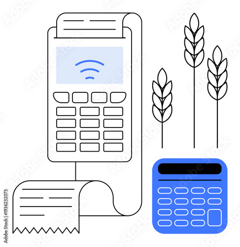 Financial technology, agriculture, contactless payments, eco-friendly business, digital transactions, farm commerce. Payment terminal with a receipt and a calculator alongside wheat stalk graphics