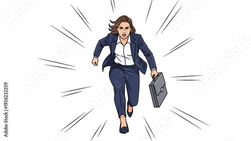 Determined businesswoman running with briefcase, dynamic speed lines illustrating speed and urgency