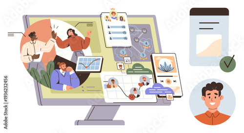 Collaboration tools, workflow management, digital networking, user profiles, remote teamwork, project planning. Computer screen displaying team communication, charts and user data. Collaboration