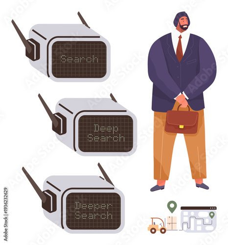 Data analytics, market research, information technology, business strategy, supply chain, logistics solutions. Businessman with search devices showing evolving search depth levels. Data analytics