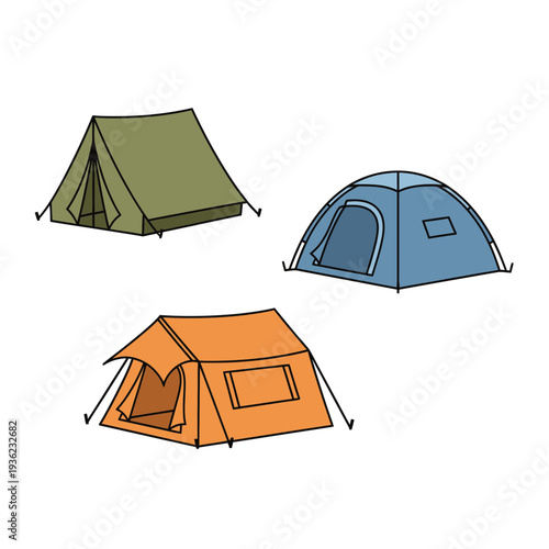 Three different camping tents in various colors and styles on white background