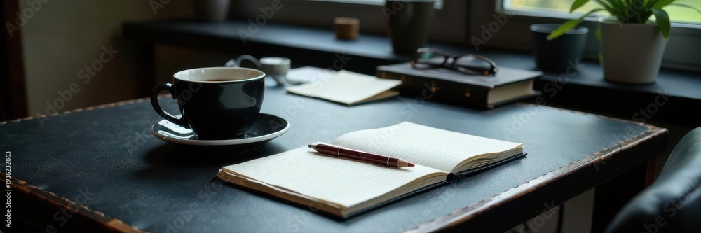 Fototapeta premium Sleek black leather desk, coffee mug, notepads, mug, office, notepad