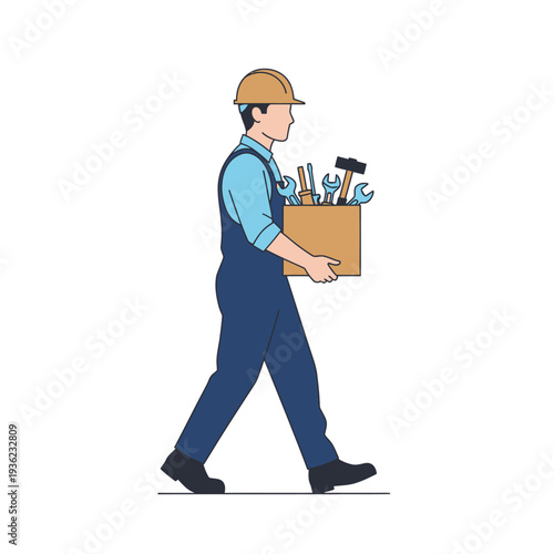 Worker carrying toolbox with tools.