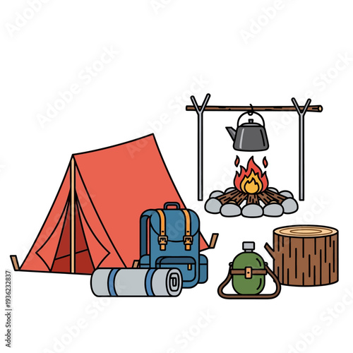Camping Gear: Tent, Backpack, Fire Pit with Kettle, and Water Bottle