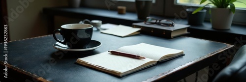 Sleek black leather desk, coffee mug, notepads, mug, office, notepad