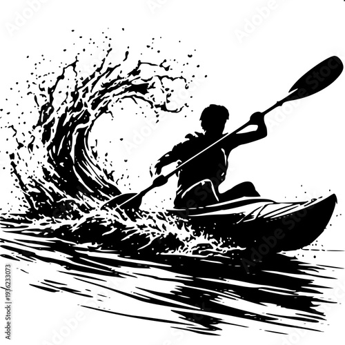 Paddling Kayak on River Action Sport Concept Silhouette