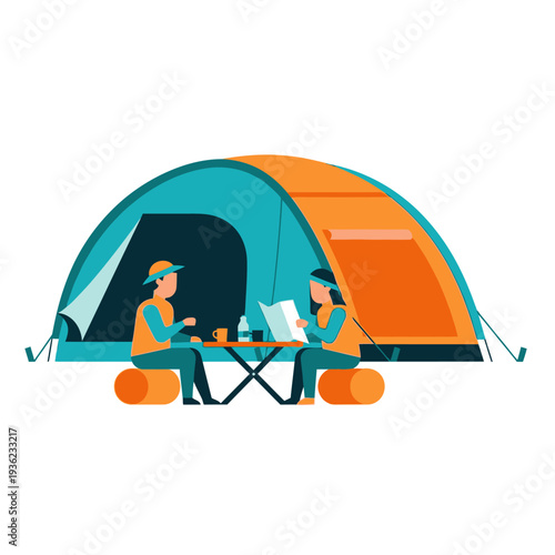 Couple camping in tent, reading book, enjoying outdoor leisure