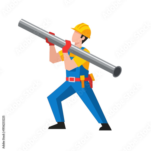 worker carrying metal pipe.