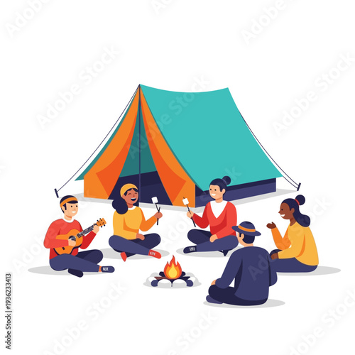 Diverse friends camping, roasting marshmallows by campfire with ukulele music