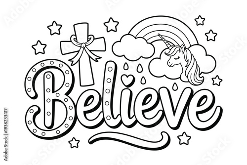 Believe illustration with unicorn, rainbow and cross symbol