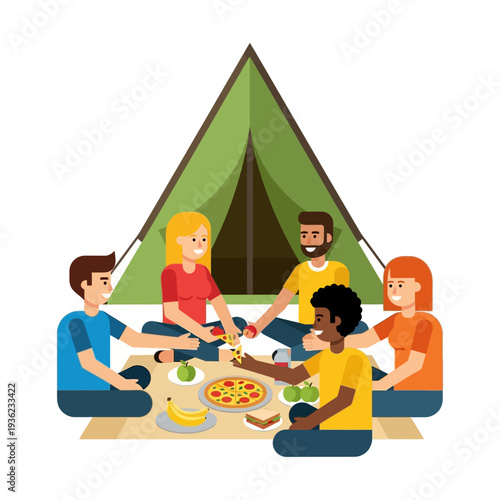 Diverse friends enjoying picnic near tent, sharing pizza and food outdoors.