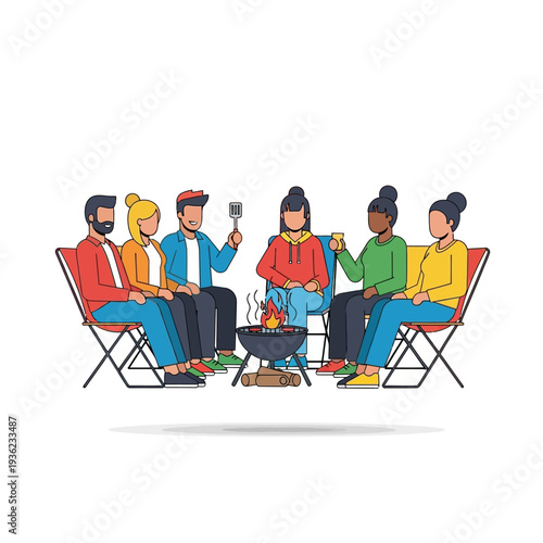 Diverse group of people sitting around a campfire, enjoying outdoor gathering