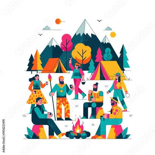 Diverse group of people enjoying a camping trip in the mountains with tents and campfire