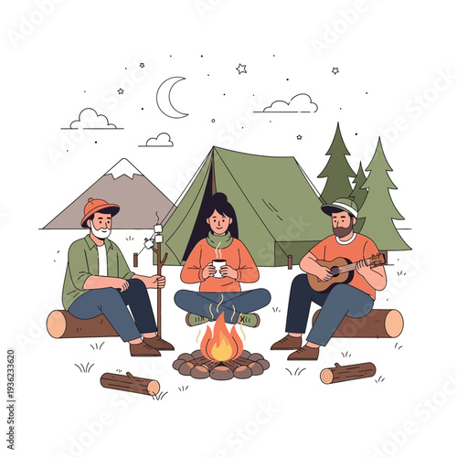 Friends camping by campfire, playing guitar, roasting marshmallows, under starry night sky
