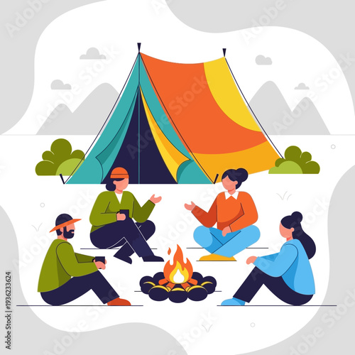 Friends Camping by Tent and Bonfire, Relaxing Outdoor Group Activity