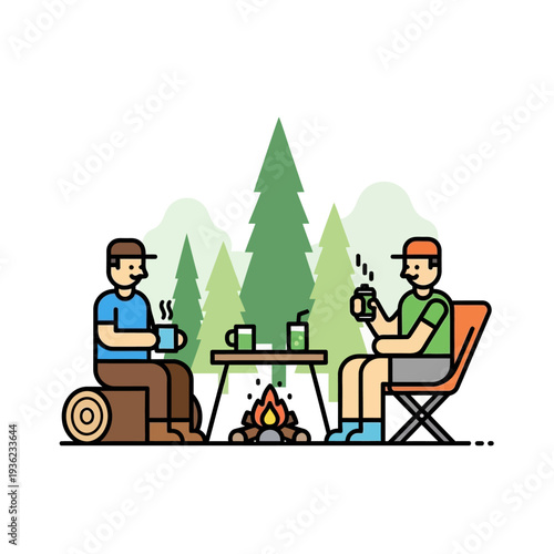 Friends camping, enjoying coffee by campfire in forest, flat illustration