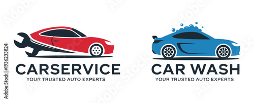 Car service and car wash logo with wrench and bubbles, automotive repair and cleaning symbol for vehicle maintenance, garage branding, auto detailing service, and modern transportation business design