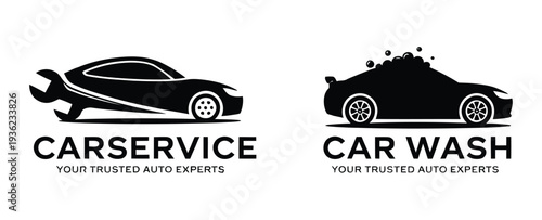 Car service and car wash logo with wrench and bubbles, automotive repair and cleaning symbol for vehicle maintenance, garage branding, auto detailing service, and modern transportation business design
