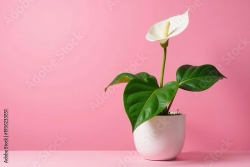 Elegant monstera deliciosa bloom in pristine white pot, pink backdrop, background, minimal
