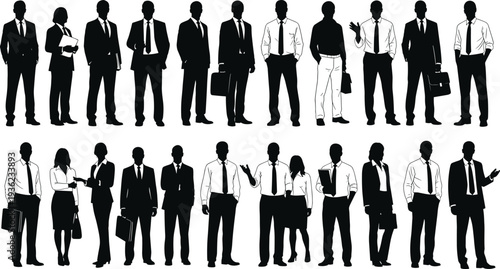 Business professional silhouettes, diverse corporate poses, male and female figures, vector illustration collection for workplace, office, design, identity projects