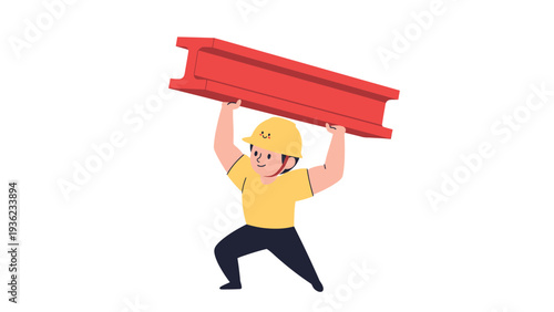 Construction worker in hard hat lifting heavy red I-beam overhead. Strength, manual labor, and building concept.