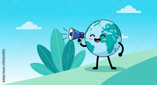 Cute cartoon planet Earth character with a megaphone on a hill, spreading awareness about environmental conservation and sustainability
