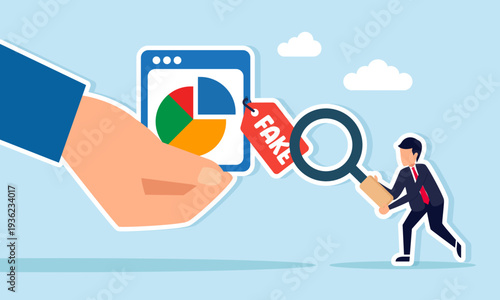 Businessman using magnifying glass inspecting fake label on graph application interface held by a hand illustration of analyzing accuracy of information