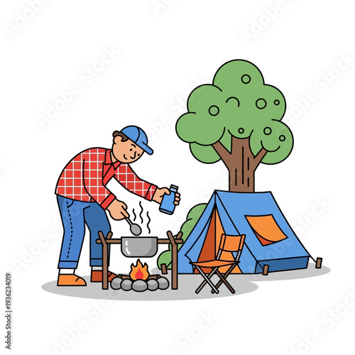Man cooking food outdoors at campsite with tent and campfire, camping scene