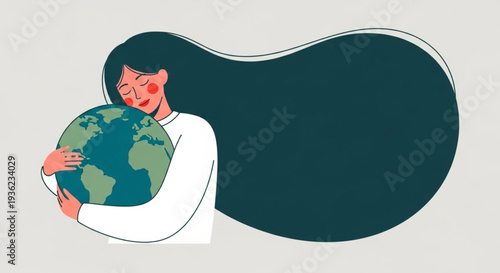 Earth Day Illustration of a woman with long dark hair embracing the Earth with a caring gesture, symbolizing environmental protection and global sustainability