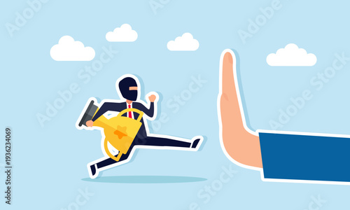 Hand stopping a thief carrying a trophy illustration of preventing cheating and fraud attempts in business competition