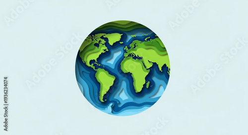 A 3D illustration showcasing a cutaway view of the Earth's layers, revealing continents, oceans, and the planet's internal structure in vibrant blue and green hues