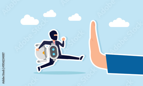 Hand stopping a thief carrying a robot illustration of preventing cheating and misuse of artificial intelligence in business
