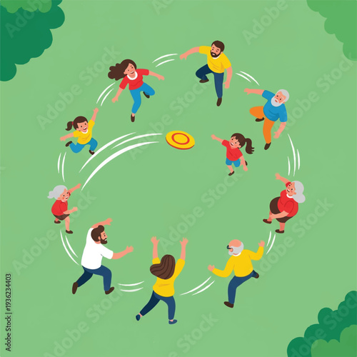 Diverse family and friends playing frisbee in a park on a sunny day, enjoying outdoor recreation and togetherness.