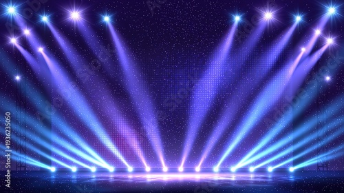 Purple and blue light rays shining on stars, starry sky background, white glowing stage lights, concert LED wall digital art vector background