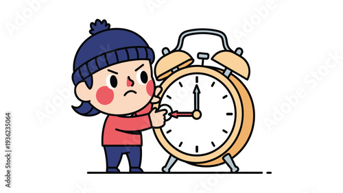 Angry cartoon character pushing back time on alarm clock, frustration with time, time reversal concept