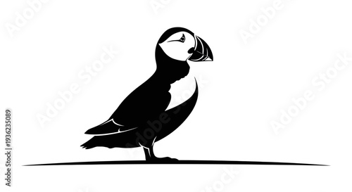 Black and white silhouette of a puffin bird with a curved line on white