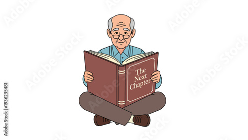 Cartoon senior man reading 'The Next Chapter' book, symbolizing future, wisdom, and new beginnings