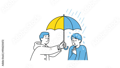 Support and Protection: Caring individual offers umbrella to a distressed person in the rain, symbolizing help and empathy.