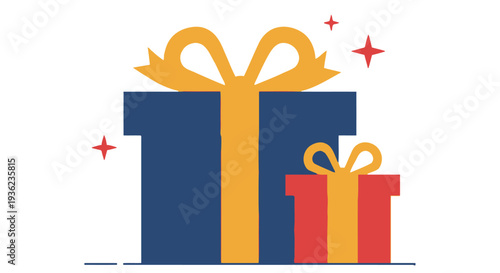 A stack of colorful gift boxes with a yellow bow and sparkling effects