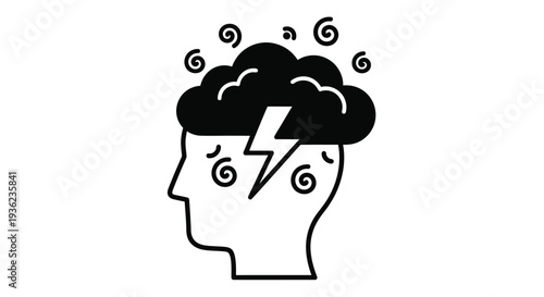 Illustration of a human head with chaotic thoughts and a lightning bolt