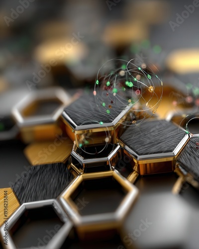 Close up abstract of modern wall with hexagonal 3D art piece made of polished gold and dark wood panels with dramatic side lighting and shadows.