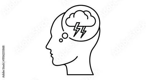 A line drawing depicting a human head with a storm cloud inside